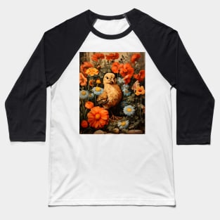 Retro Vintage Art Style Baby Chick in Field of Wild Flowers - Whimsical Farm Baseball T-Shirt